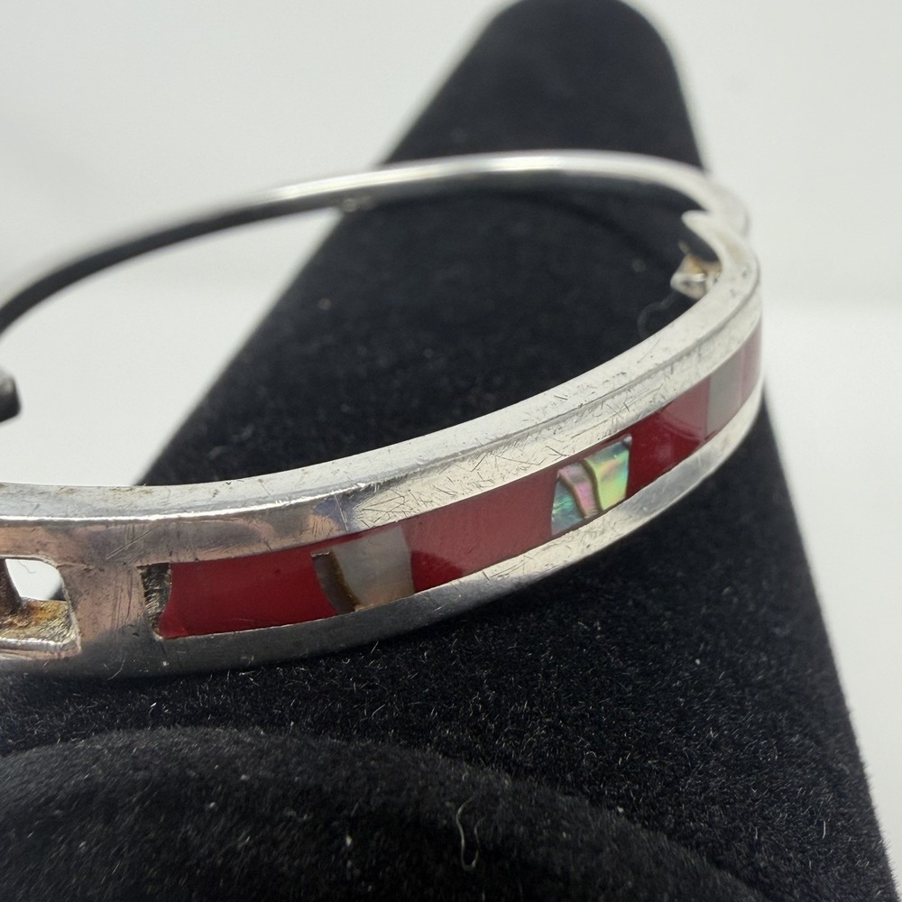 Vintage Mexico‎ 925 Sterling Silver Abalone Red Shell Inlay Hinged Cuff Bracelet - Picture 7 of 16